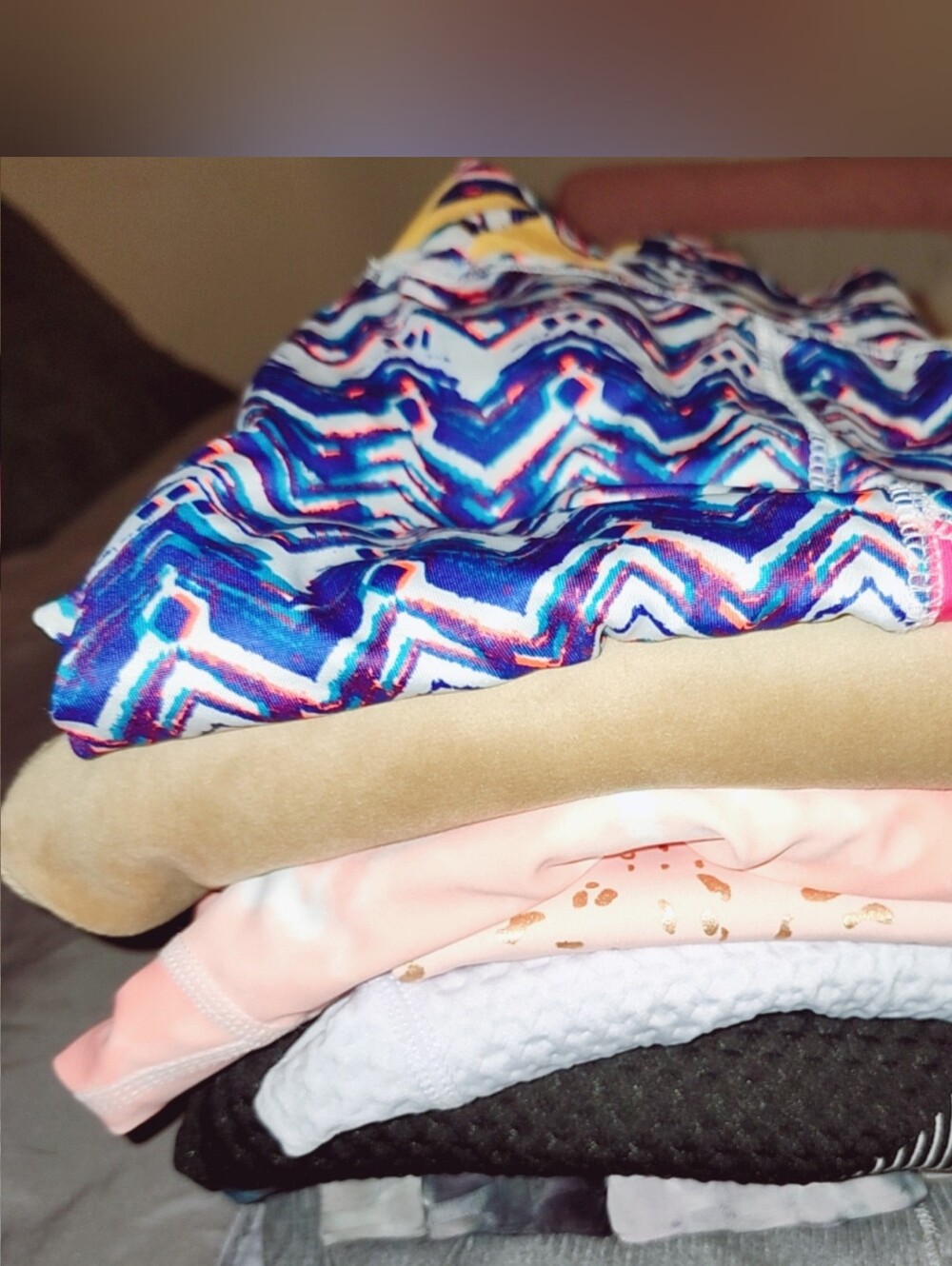 Stack of Mixed Activewear - Blue Chevron & Pink Accents